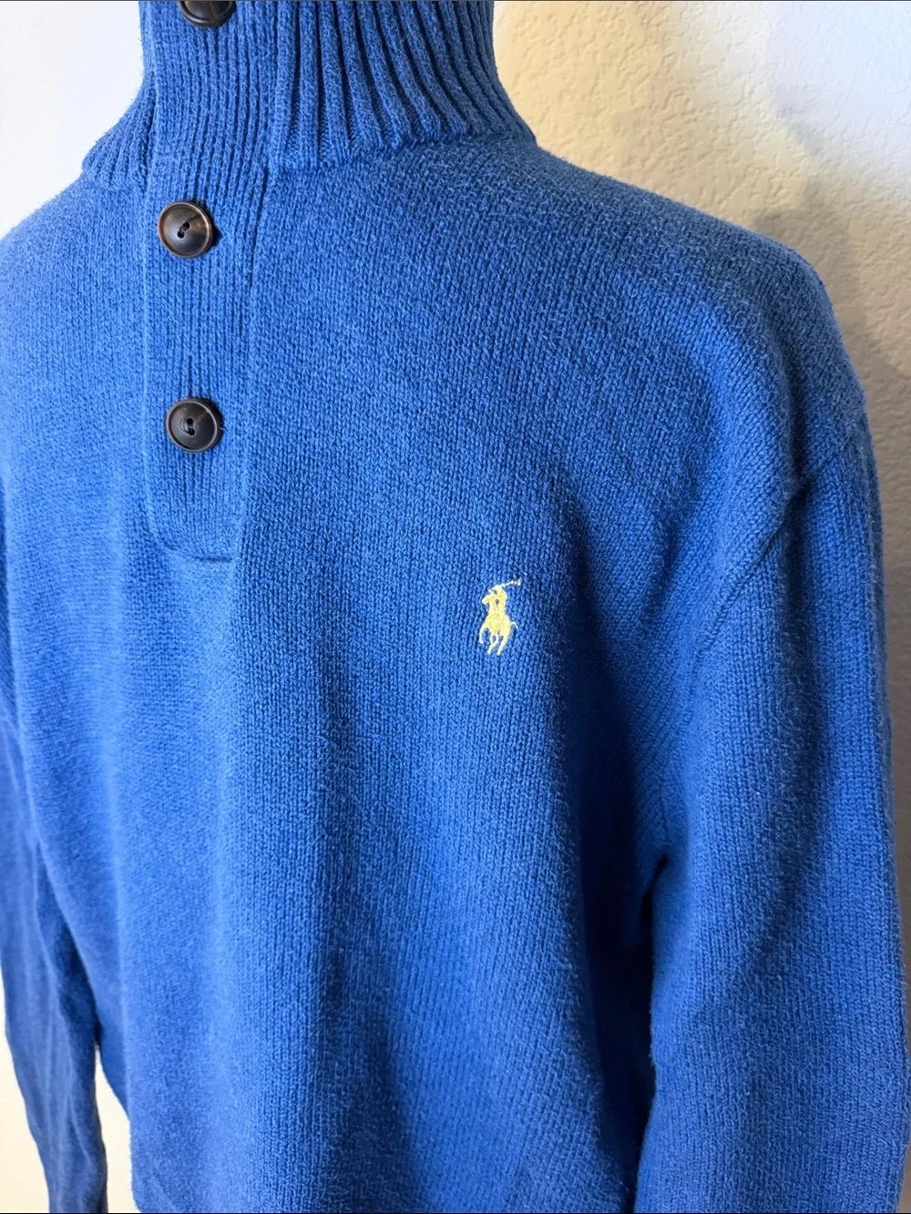Polo by Ralph Lauren Blue Button Mock Neck Sweater with Yellow Pony